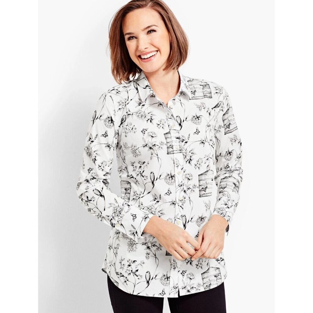 Talbots Birdcage Print Button Front Top Blouse Women's Petite Size SP Cotton